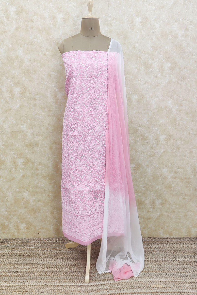Pink Color Hand Embroidered Luckowi Chikankari Suit piece with shiffon Dupatta(Cotton) MC251930